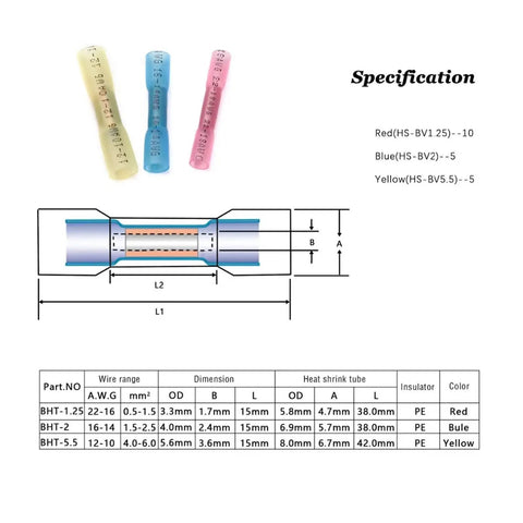 Top Notch 150 PCS Insulated Wire Terminals And Butt Connectors Solder Sleeve Assorted Heat Shrink Kit For Cars Trucks And Wiring Projects. diagram of red, blue, yellow heat shrink butt connectors