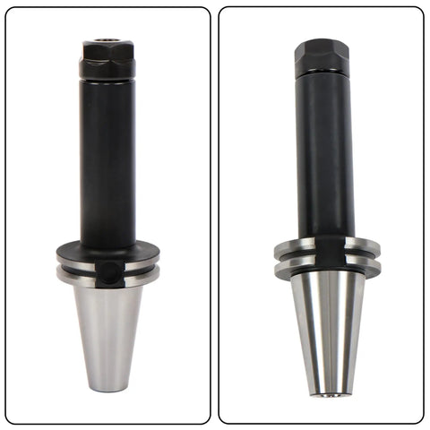 Durable 2 Piece Cat40 Er20 Collet Chuck Set Featuring 6 Inch Tool Holders Built With High Strength Iron And Heat Treatment For Serious Machining Jobs That Need Heavy Duty Performance And Reliability On The Job, showing two tool holders.