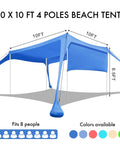 Beach Canopy Tent Shade With Sidewalls 10x10 Feet 6.6 Ft Tall Easy Up Pop Up Shelter, blue tent, windproof, sunshade, fits 8 people