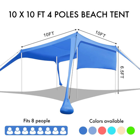 Beach Canopy Tent Shade With Sidewalls 10x10 Feet 6.6 Ft Tall Easy Up Pop Up Shelter, blue tent, windproof, sunshade, fits 8 people