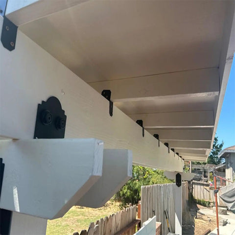 Super Sturdy Rock Solid Post Cap Tie Brackets For 4x4 Wood Decks And Joist Hangers installed on pergola beams outdoors