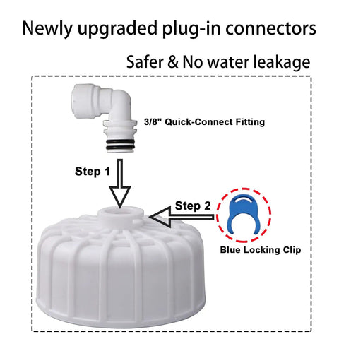 Beefed Up 400 GPD RO Membrane Housing Kit showing 3/8 inch quick-connect fitting and blue locking clip for secure connection.