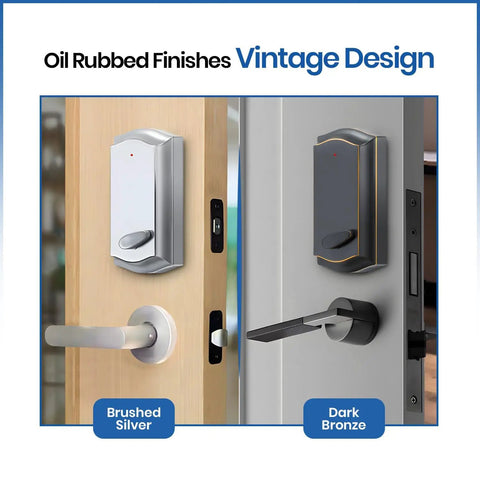 Smart Remote Door Lock Upgrade For Existing Deadbolt With 30 Second Tool Free Install, shown in brushed silver and dark bronze.