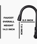Hella Sweet Matte Black Kitchen Faucet With Single Handle And Buttery Pull Down Sprayer Solid Stainless Steel, dimensions 14.5" height, 8.5" reach.