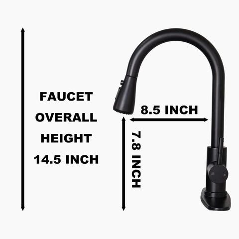 Hella Sweet Matte Black Kitchen Faucet With Single Handle And Buttery Pull Down Sprayer Solid Stainless Steel, dimensions 14.5" height, 8.5" reach.