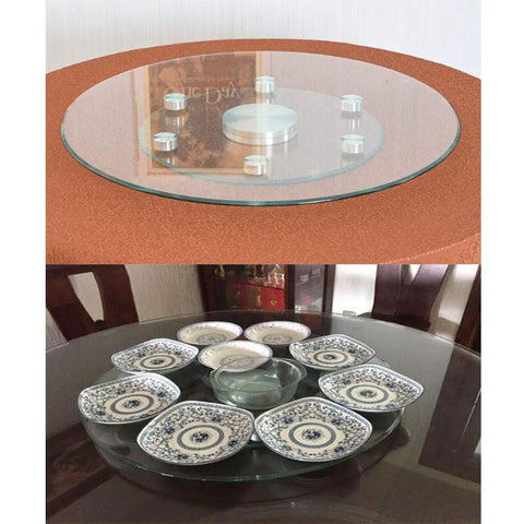 Heavy Duty Swivel Lazy Susan Turntable with clear glass surface on dining table, 360-degree rotating serving plate, aluminum alloy bearing.