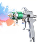 Professional Pneumatic Paint Sprayer Featuring Dual Nozzle Spray Gun Plus Precision Point Three Millimeter Tip spraying colorful paint.