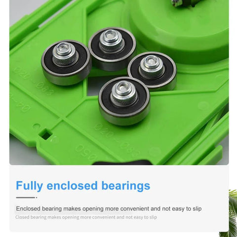 Close-up of Pro Grade Adjustable Tile Hole Cutter Centering Locator Jig With Dual Vacuum Suction Bases, featuring enclosed bearings.