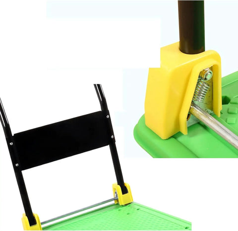 Heavy-Duty 4-Wheel Cart With Rolling Platform Trolley, Metal And Plastic Deck close-up of handle and deck corner, shop use