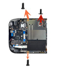 Steam Deck 14 Piece Metal Screw Kit in use, illustrating screw placement on back cover and rear housing of console.