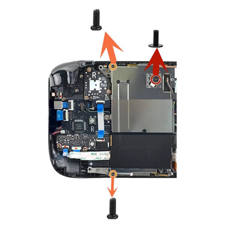 Steam Deck 14 Piece Metal Screw Kit in use, illustrating screw placement on back cover and rear housing of console.