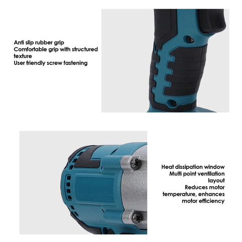 Close-up of Professional Variable Speed Electric Metal Shears with Adjustable Trigger showing anti-slip grip and heat dissipation features.