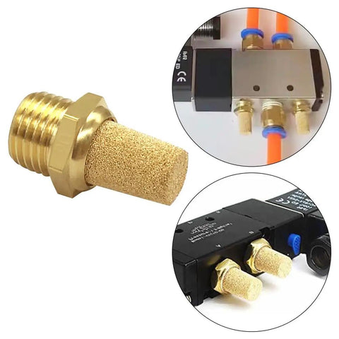 Close-up of 10 Pack Beefy Brass One Eighth NPT Male Pneumatic Mufflers Hex Sintered Exhaust Silencer Filter in industrial setup.