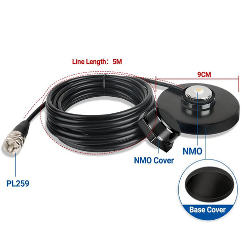 NMO Antenna Mount Magnetic Base 90mm With PL259 Connector 16.4ft Coax Cable Dust Cover Cap For HF VHF UHF GMRS Mobile Car Truck CB Ham Radio Antennas Kit
