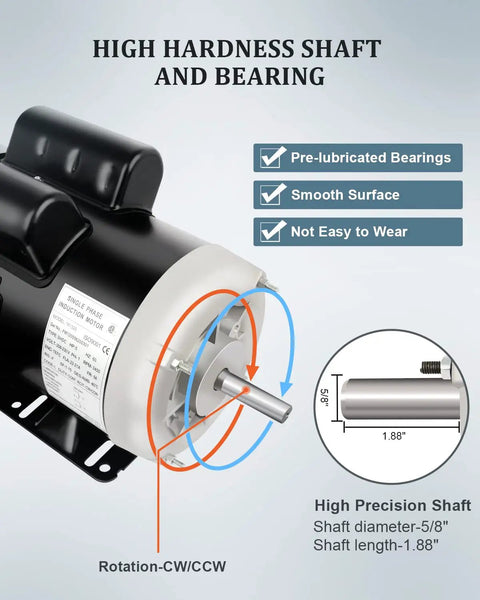 Five Horsepower Single Phase Farm Duty Electric Motor, 3450 RPM, 56 Frame, 208 To 230 Volts, 60 Hertz, Shaft Diameter Five Eighths Inch, CW CCW TEFC, Rolled Steel Housing, Built For Rugged Farm Equipment, showing high hardness shaft and bearing.