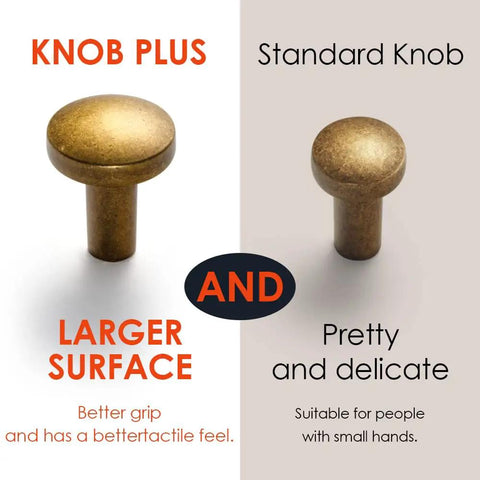 Comparison of Vintage Cabinet Knobs 6 Pack Antique Brass Drawer Handles, showing knob plus larger surface vs standard knob.