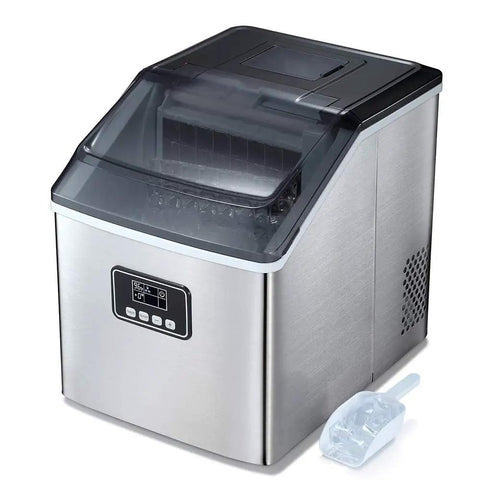 Portable Automatic Countertop Ice Cube Maker Cranks Out Forty Eight Pounds Daily With Quick Ten Minute Rounds Self Clean Design Saves Effort While You Fuel Yard Gatherings Or Super Bowl Watch Parties Silver Trim close-up view