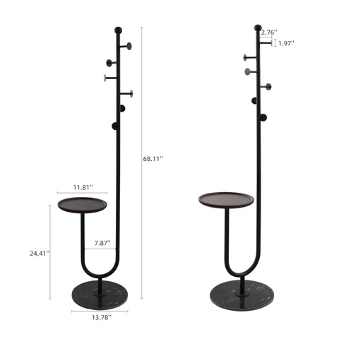 Dimensions of Freestanding Coat Rack With Table And Six Hooks, 68 Inch Tall, Black, with marble base and corner coat tree design.