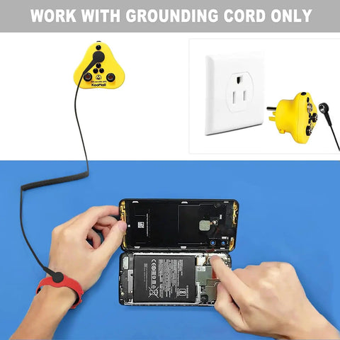 Person using 2 In 1 ESD Wrist Strap With Grounding Plug For Easy Grounding From Outlet Socket Static Control Anti Static Silicone Bracelet Earth Bonding Plug For Rubber Mat with device.