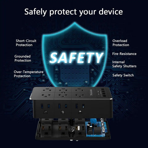 Beefed Up Heavy Duty Surge Protector Wall Charger With 12 Wide AC Outlets And 4 USB Ports displaying safety features