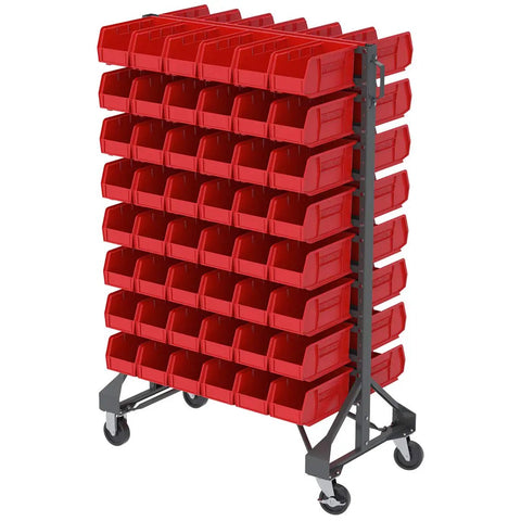 Mobile Kit Caster Wheels With Brakes For Two Sided Steel Rail Hanging System Garage Organizer showing red bins and wheels.