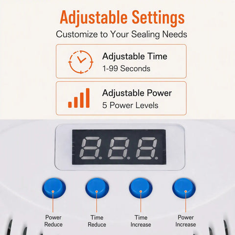 Smooth Operator 110V Handheld Induction Sealer With Quick Adjustments For Power And Time settings display with buttons.