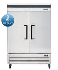 Top Tier Heavy Hitter 54 Inch Double Solid Door Reach In Refrigerator With 49 Cubic Foot Storage And Stainless Steel Finish For Commercial Kitchens Includes Liftgate Freight Delivery Setup front view with temperature range 33°F to 41°F.