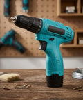 Built Tough 12V Cordless Drill With 25 Plus 1 Torque Settings And Dual Speed Modes displayed on a workbench with screws.