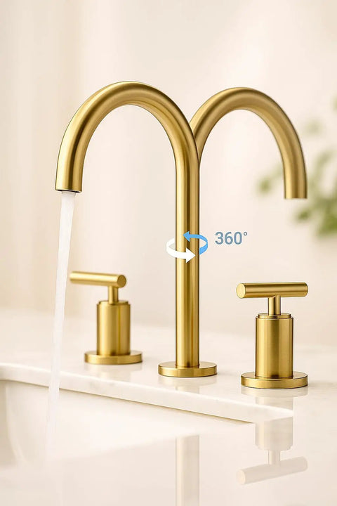 Brushed Gold Bathroom Faucet With Two Handles, 360 Degree Swivel Spout, Widespread 4 Inch And 8 Inch Brass Sink Faucet, 3 Hole Setup