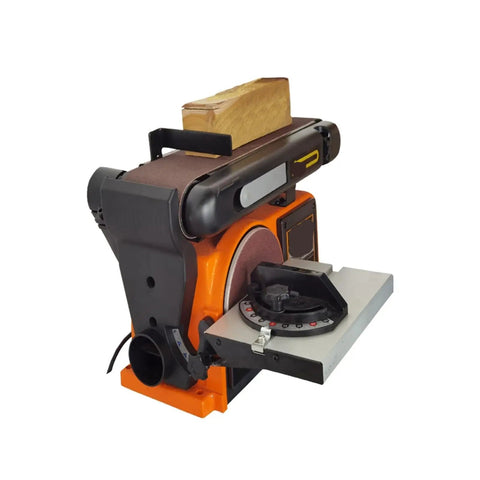 Mini Pneumatic Belt Sander And Grinding Wheel Combo Machine With Variable Speed Control, Cast Iron Base For Wood And Metal Deburring, Angle Sanding Head Lightweight Bench Grinder For Fine Polishing Work showing sander with wooden block.