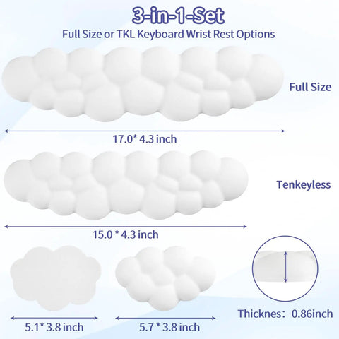 Diagram showing Cloud Wrist Rest Keyboard Pad With Memory Foam And PU Leather For Palm Support sizes: full, tenkeyless, and compact.