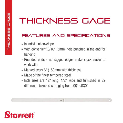 Pro Grade Tempered Steel Thickness Gauge And Feeler Stock Set .001 To .030 Inch 32 Leaves Specifications Sheet