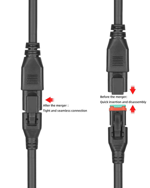 Close-up of 2-In-1 2ft Universal DT Splitter Wiring Harness With Plug-And-Play 2-Pin Extension Kit connectors before and after merging.