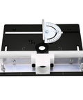 Premium Aluminum Router Table Insert Base Plate For Precision Woodworking Projects With Dead Easy Mounting Hardware And Top Shelf Metal Router System Kit In Matte Black, top view with adjustable angle guide.