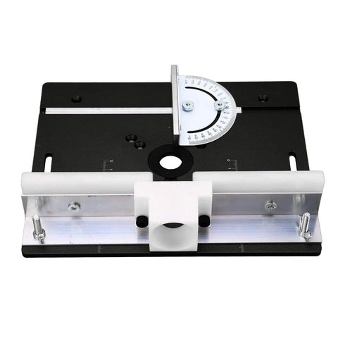 Premium Aluminum Router Table Insert Base Plate For Precision Woodworking Projects With Dead Easy Mounting Hardware And Top Shelf Metal Router System Kit In Matte Black, top view with adjustable angle guide.