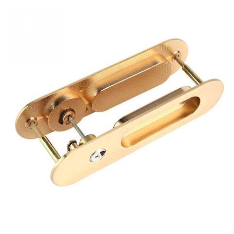 Rock Solid Zinc Alloy Keyed Sliding Barn Door Lock Handle For Wood Double Doors Heavy Duty Hardware in gold finish.