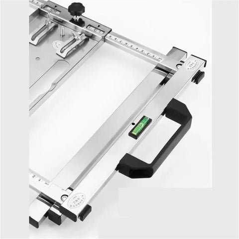Premium Stainless Steel Cutting Machine Edge Guide Positioner For Trimmer Router shows adjustable stainless steel design with a level.