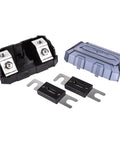 Heavy Duty ANL Fuse Holder With Two Fifty And Three Hundred Amp Fuses For One Zero Or Four Gauge Car Audio Power Drop Ins built with a zinc core and smoked cover.