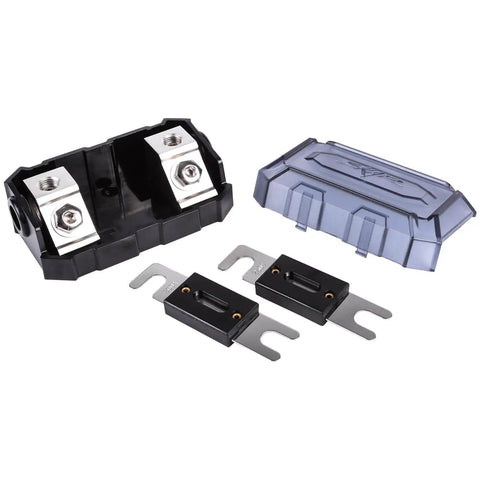 Heavy Duty ANL Fuse Holder With Two Fifty And Three Hundred Amp Fuses For One Zero Or Four Gauge Car Audio Power Drop Ins built with a zinc core and smoked cover.