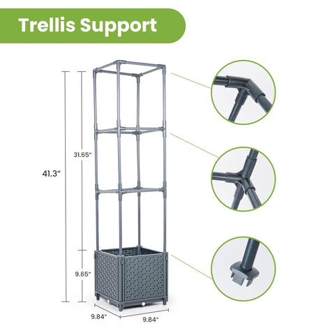 Raised Garden Bed Planter Boxes With Trellis For Climbing Vegetables And Tomatoes And Tomato Cage dimensions and connectors detail.