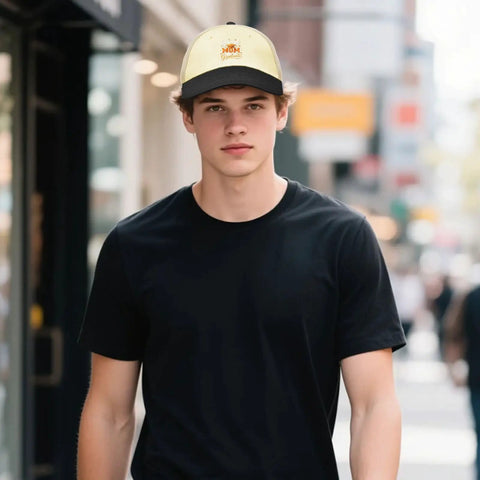 Man wearing Proud Mom Of 2026 Grad Hat For Women And Men Dope Unisex Adjustable Trucker Cap with breathable mesh on city street