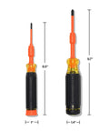 Two sizes of Insulated 10 In 2 Multi Bit Screwdriver Set With Auto Locking Collar 1000V Rated In Handle Bit Storage, black and orange.