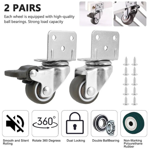 Heavy Duty Furniture Castors Set Four Pack with L Shaped Soft Rubber Wheels for Tables Carts and Benches Quiet Swivel Plate