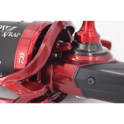 Close-up of red Basia Surf 45 SCW QD Surfcasting Reel parts and construction.