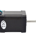 Side view of a black NEMA 17 bipolar stepper motor with metal shaft and multicolor wire leads.