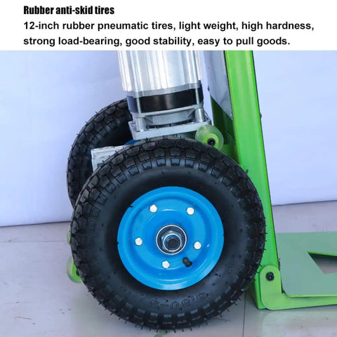 Heavy Duty Electric Stair Climbing Hand Truck With 850W Brushless Motor And 200Kg Load Capacity showcasing 12-inch rubber anti-skid tires.