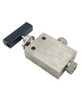 Needle valve 1/8 in stainless steel 316 with blue rectangular handle; angled view showing side port and top mounting holes.