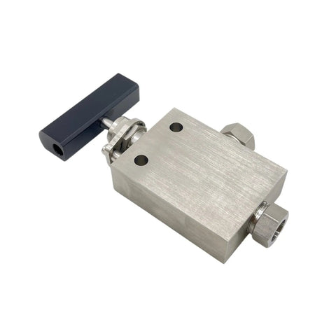 Needle valve 1/8 in stainless steel 316 with blue rectangular handle; angled view showing side port and top mounting holes.