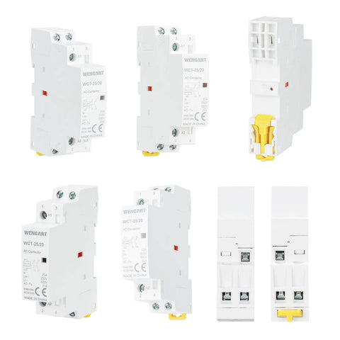 Top Shelf 25A AC Contactor 2NO 2 Pole 120V Coil DIN Rail Mount Handling Massive Inductive Loads Like a Champ side and front views