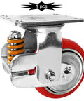 Heavy Duty Spring Loaded Caster Wheels With Swivel Brake System And Tough Polyurethane Tires for garage use, showing spring shock mount and red wheel.